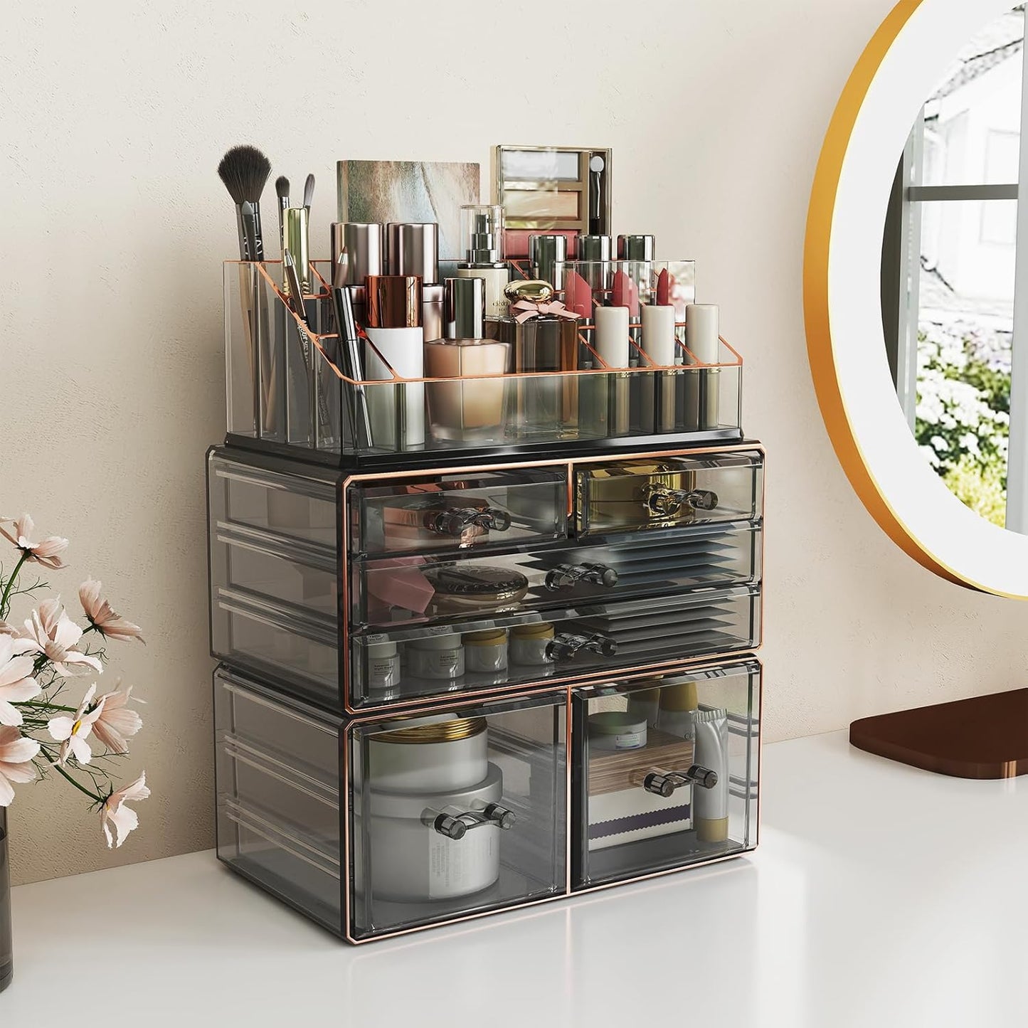 3-Tier 6-Drawer Makeup Organizer Countertop Cosmetic Organizer for Dresser and Vanity | Bathroom Organizers and Storage for Lipstick Brush Skincare Perfume, Nail Polish (Black + Gilded Borders)