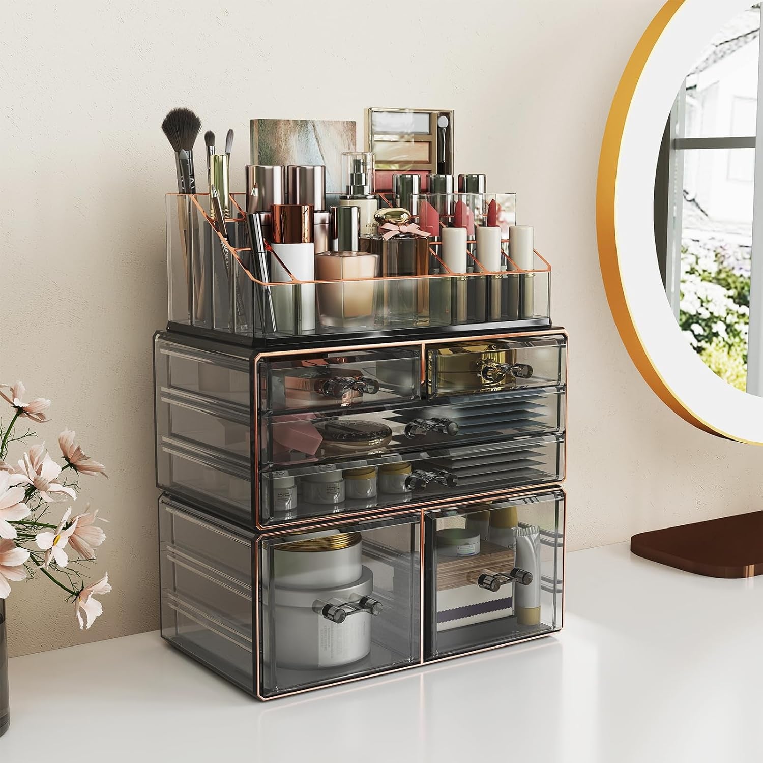 3-Tier 6-Drawer Makeup Organizer Countertop Cosmetic Organizer for Dresser and Vanity | Bathroom Organizers and Storage for Lipstick Brush Skincare Perfume, Nail Polish (Black + Gilded Borders)