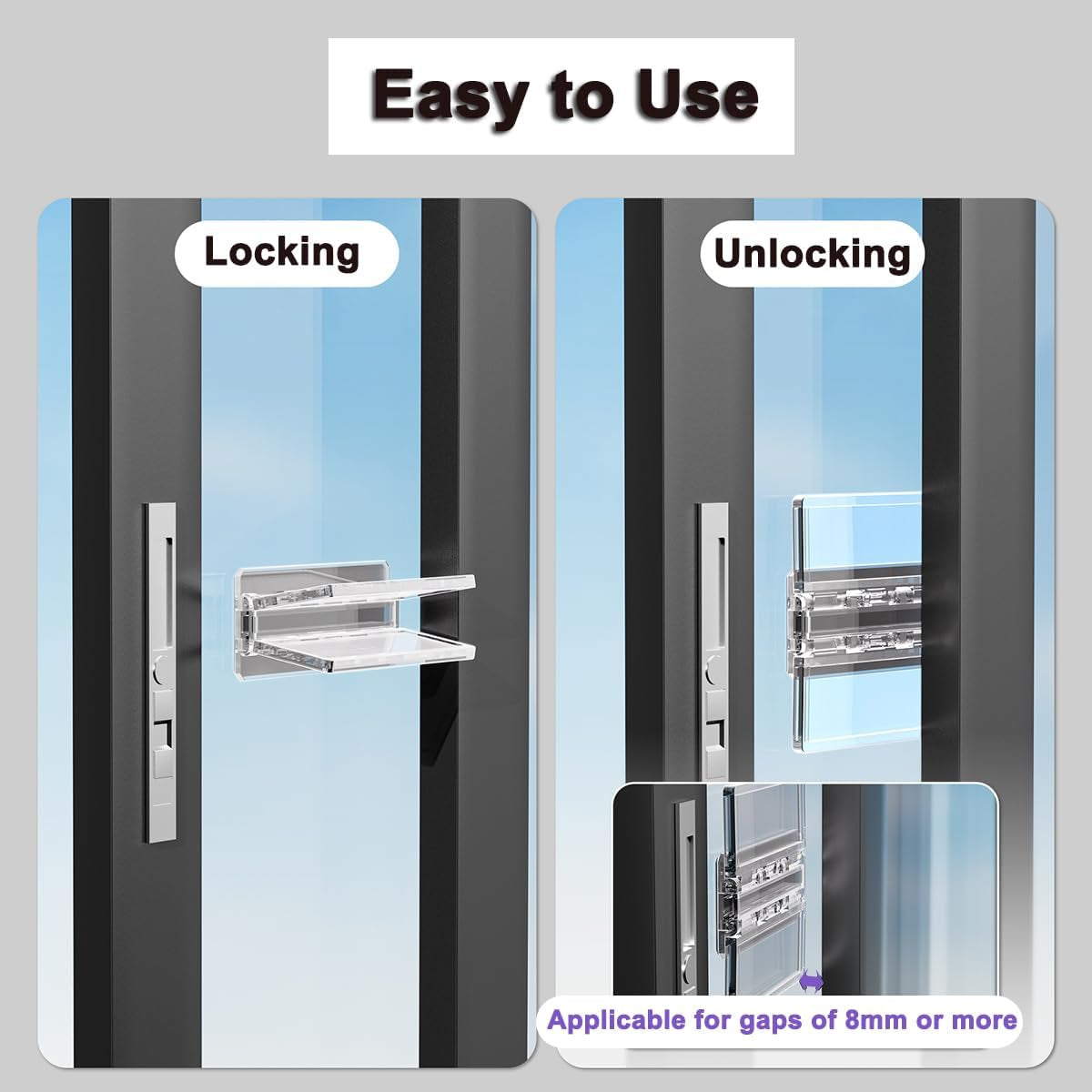 Sliding Door Lock for Child Safety 2 Pack, Sliding Patio Door Lock for Child Proof, Glass Window Door Stopper for Childproof, Childproof Window Lock for Toddler Kids and Baby Proofing(Clear)