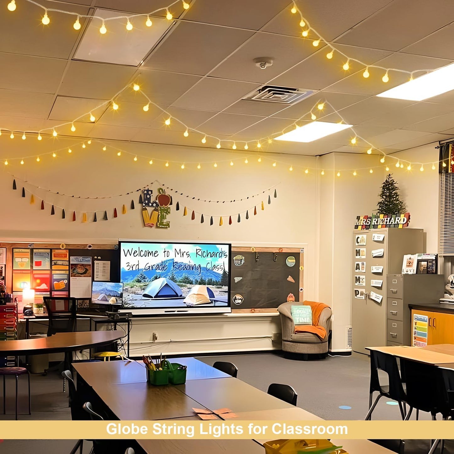 Globe Indoor String Lights Battery Operated, 100 LED Battery Powered String Lights Outdoor Waterproof, 33Ft Classroom Lights with Remote Timer for Bedroom Camping Decor, Warm White