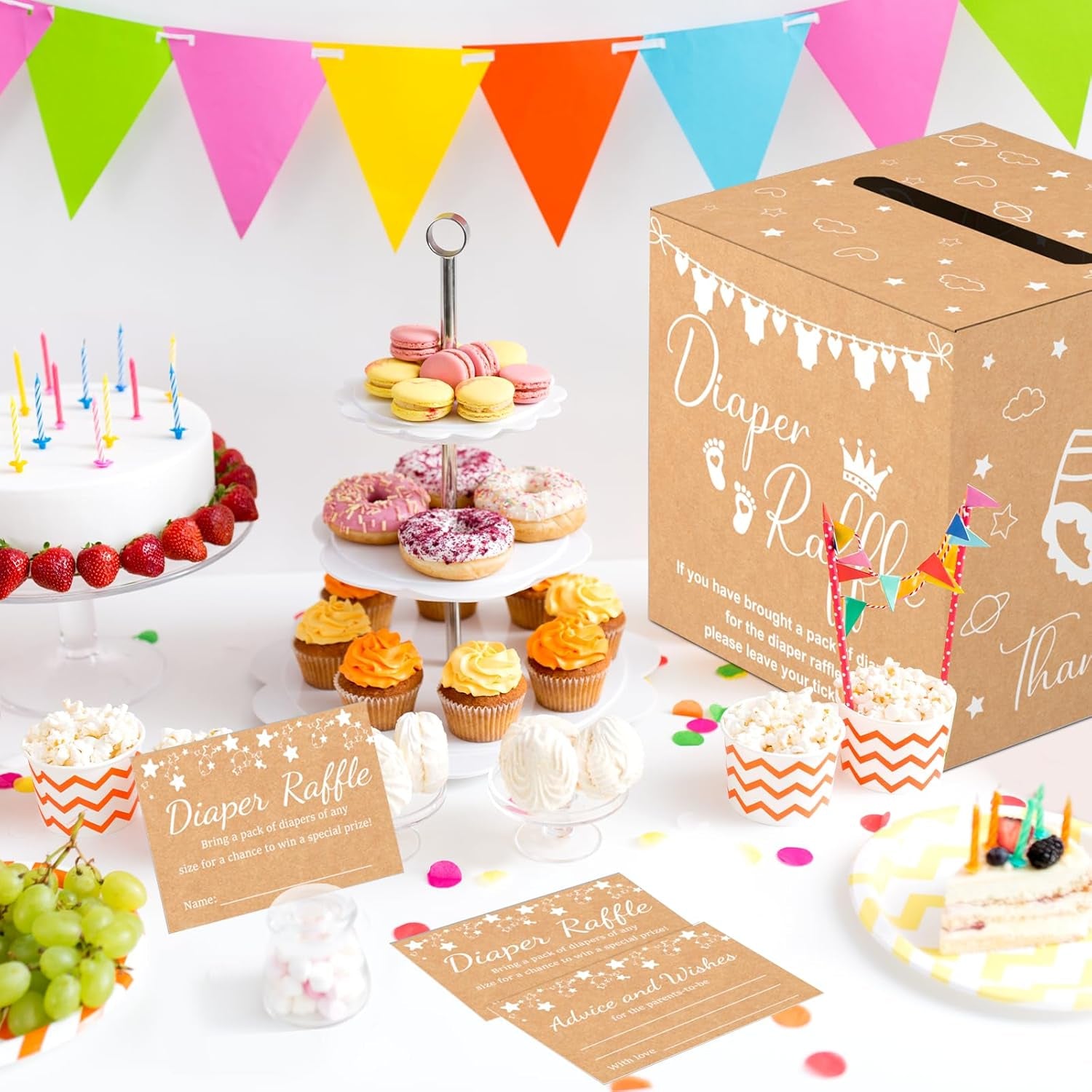 Brown Diaper Raffle Card Box for Baby Shower, 50 Pcs Diaper Raffle Tickets with Advice and Wishes, Gender Reveal Baby Shower Games, Party Decorations Supplies