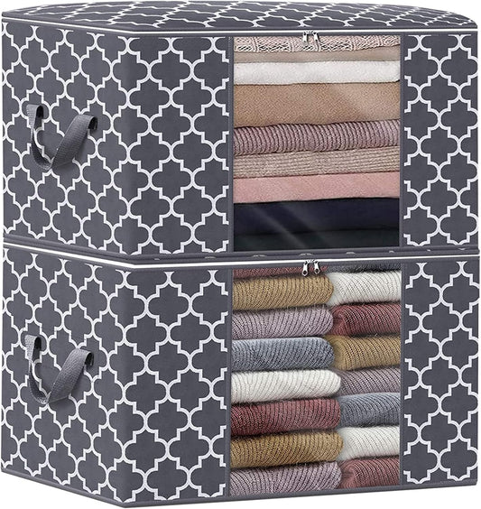 Storage Bags, Large Blanket Clothes Organization and Storage Containers for Bedding, Comforters, Foldable Organizer with Reinforced Handle, Clear Window,Sturdy Zippers,(Grey, 2 X 100L)