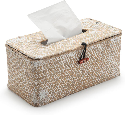 Seagrass Tissue Box Cover Rectangular Woven Napkin Holder Decorative for Bathroom Farmhouse (Whitewash, 10 X 5.5 X 4.2 Inch)