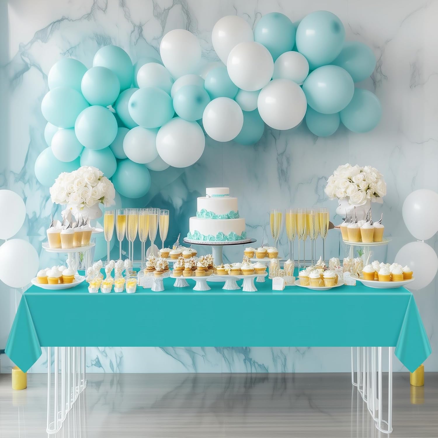 Aqua Rectangle Tablecloth Set of 4, 54x72 Inches, Solid Color Waterproof and Spillproof Disposable Plastic Covers, Durable for Dining, Buffet, Picnic, and Outdoor Events