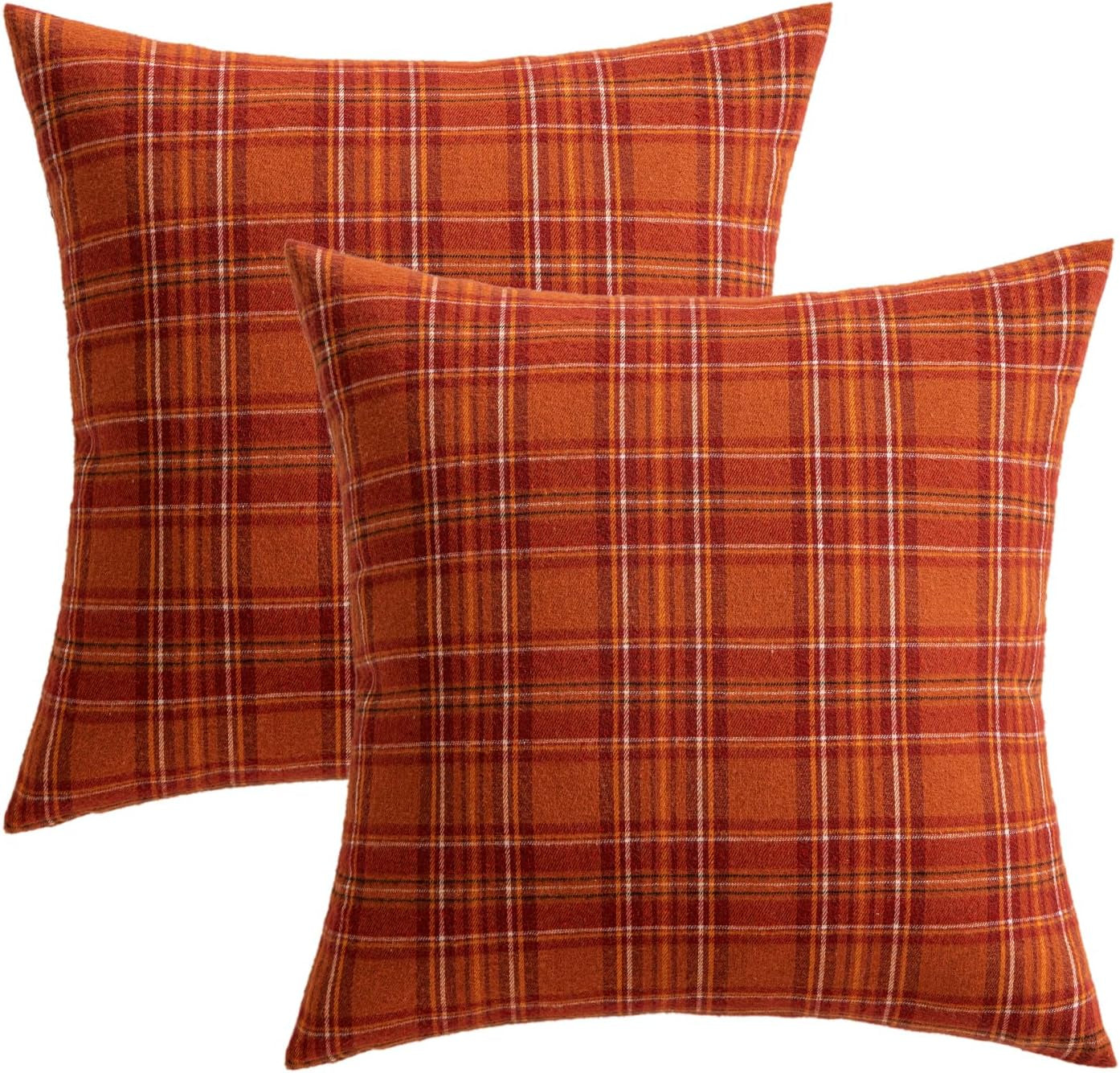 Set of 2 Scottish Tartan Plaid Throw Pillow Covers - Classic Farmhouse Decorative Outdoor Square Cushion Cases for Sofa and Couch, 18x18 Inch, Rust