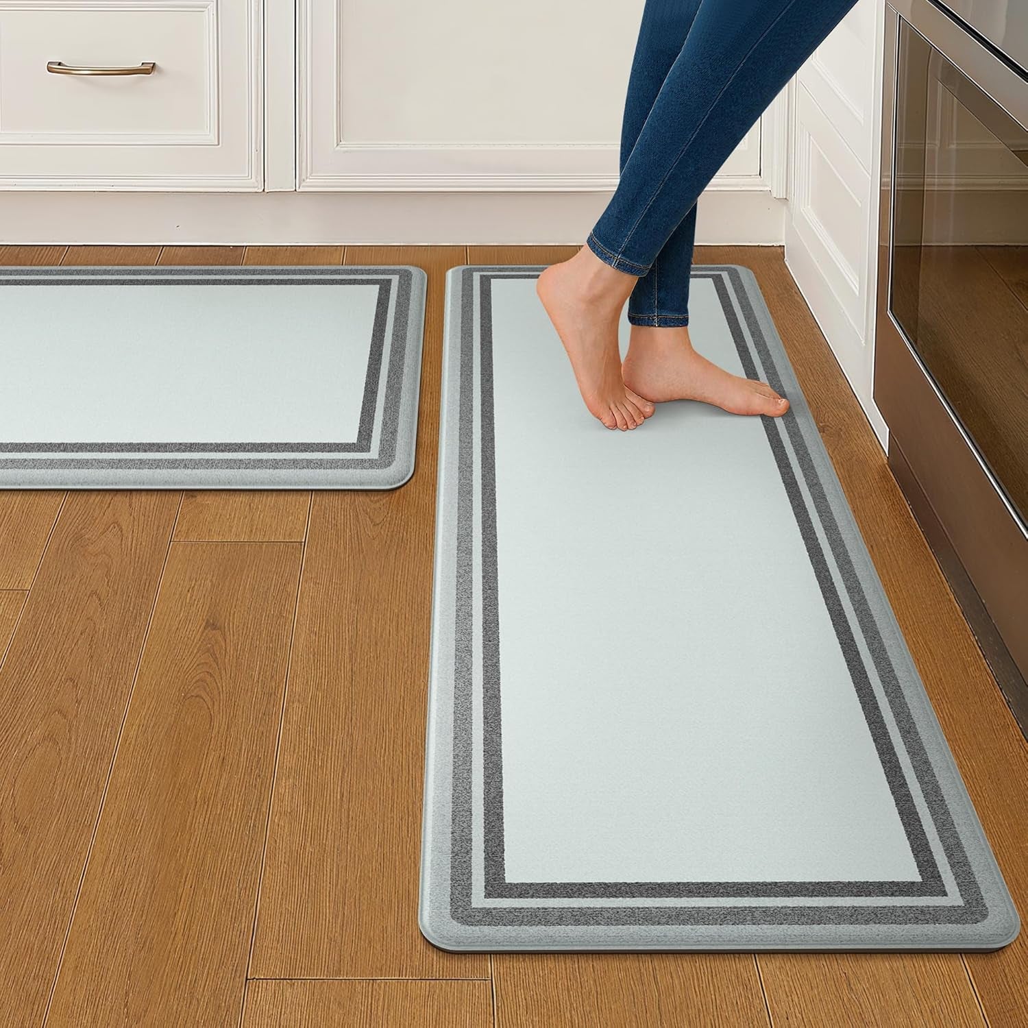 Kitchen Mats for Floor 2 PCS Cushioned Anti-Fatigue, Geometric Waterproof Kitchen Rugs Non Slip Washable, Comfort Standing Mat Rug for Kitchen, Office, Laundry, Lightgrey, 17"X 47"+17"X 30"