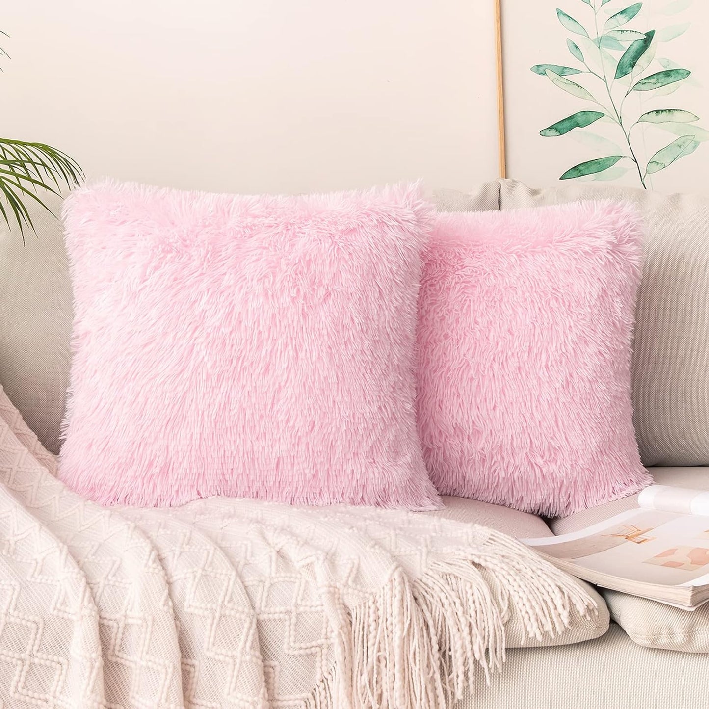 Pack of 2 Luxury Faux Fur Throw Pillow Cover Deluxe Spring Cute Valentine'S Day Pillow Covers Decorative Plush Pillow Case Cushion Cover Shell for Sofa Bedroom Car 18 X 18 Inch Pink