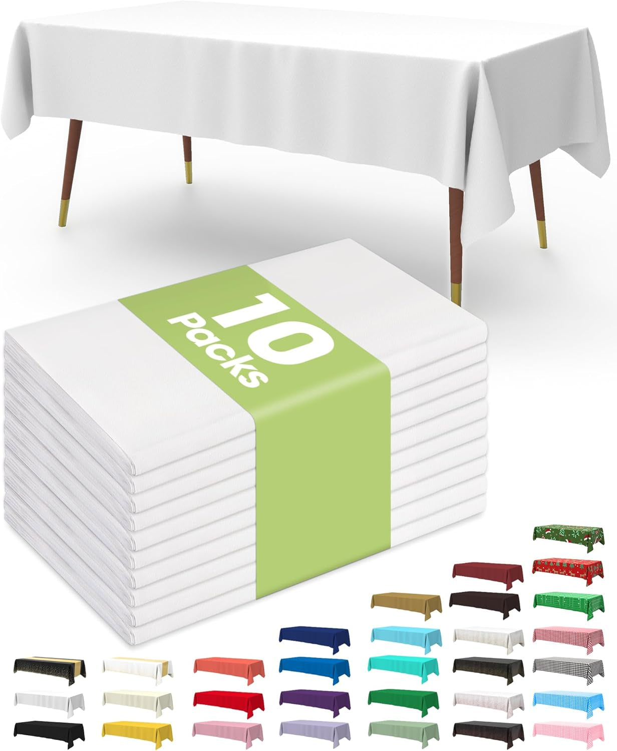 Plastic Table Cloth Disposable 10 Pack, 54 X 108 Inch Table Cloths, Party, Picnic, Wedding, Decorative Tablecloths, Rectangle, White Plastic Cover, Leakproof & Sturdy, White