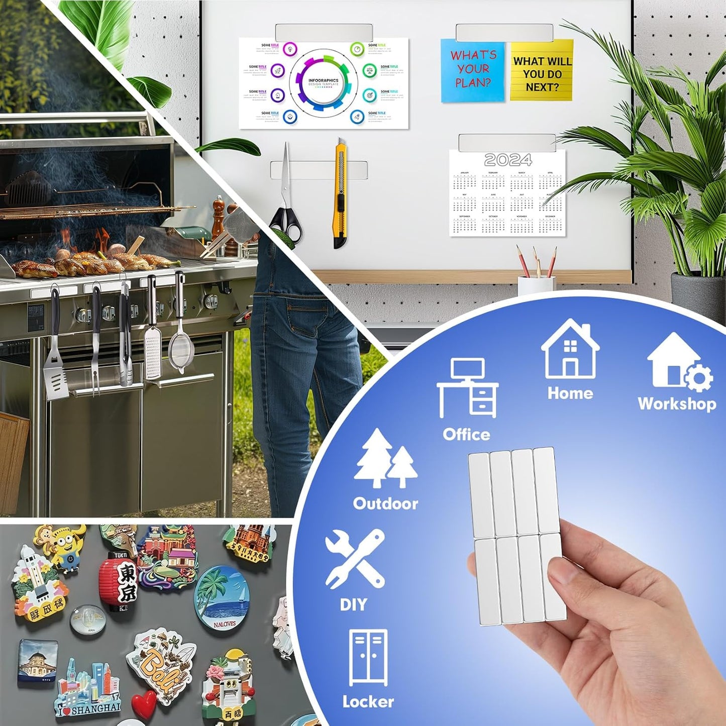 2 Pack Neodymium Bar Magnets, Rare Earth Magnets Metal Neodymium Magnet with Double-Sided Adhesive for Fridge and Office Projects, 40X10X5Mm(Silver)