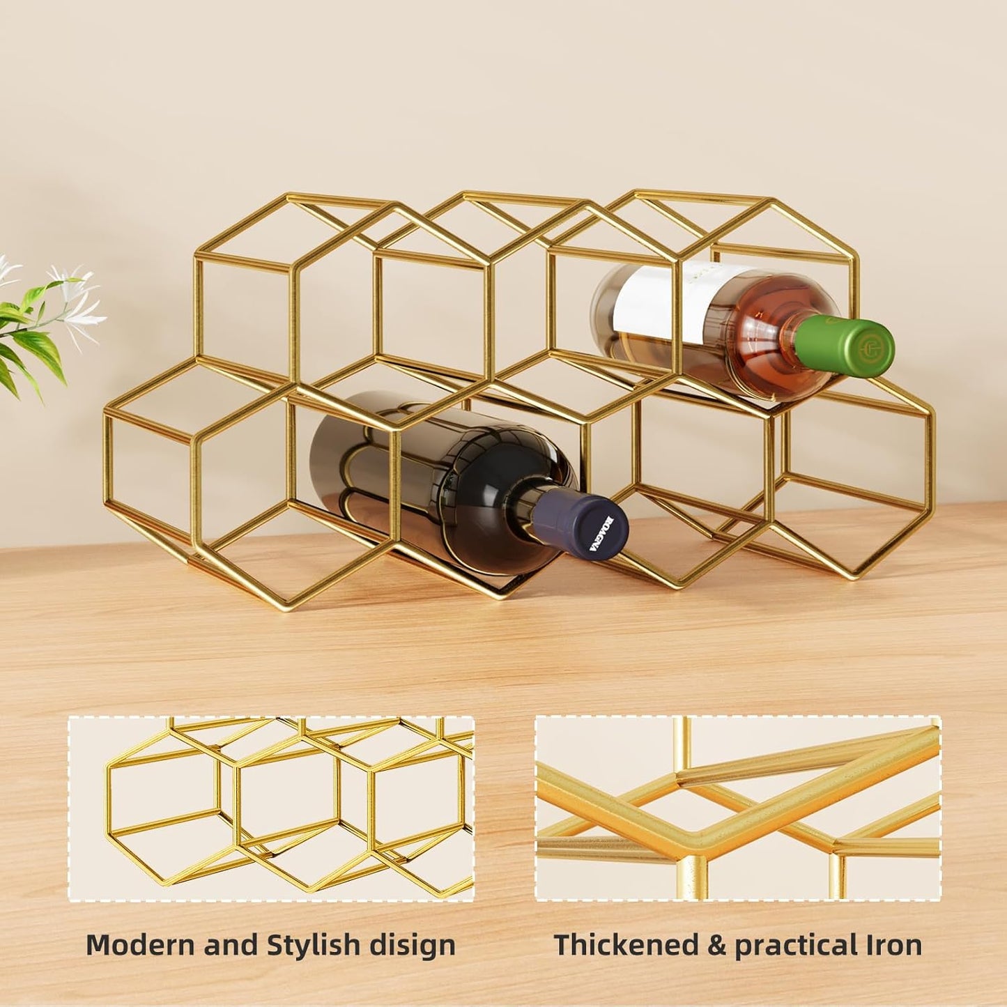 Small Gold Wine Rack 9 Bottle Holder Countertop - No Need Assembly Modern Metal Wire Wine Storage for Counter Top Table Top Coffee Bar Kitchen