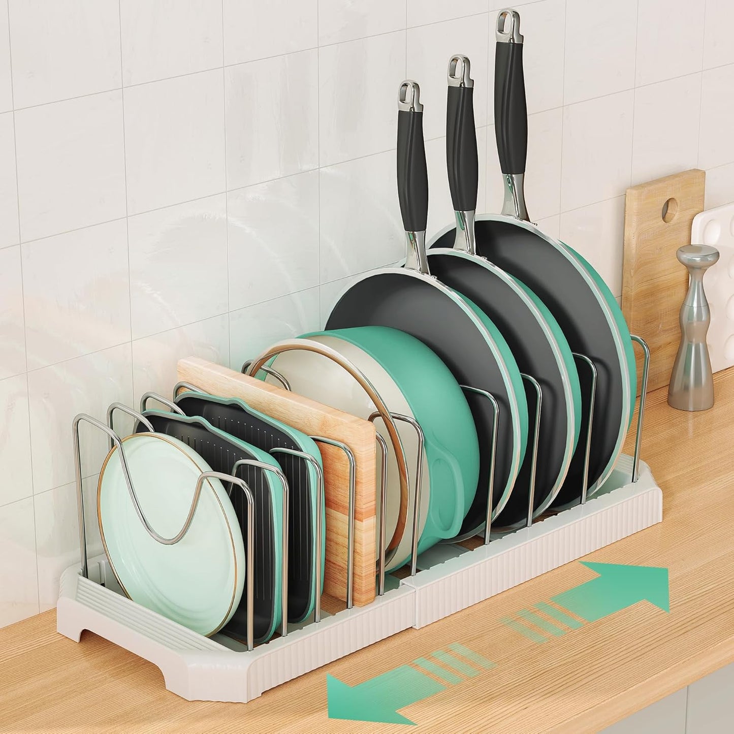 Pots and Pans Organizer for under Cabinet, Pan Pot Organizers inside Cabinet, Expandable Organizer with 10 Adjustable Dividers for Cookie Sheets, Cutting Boards, Pot Lids, Cookware - Frying Pan Rack