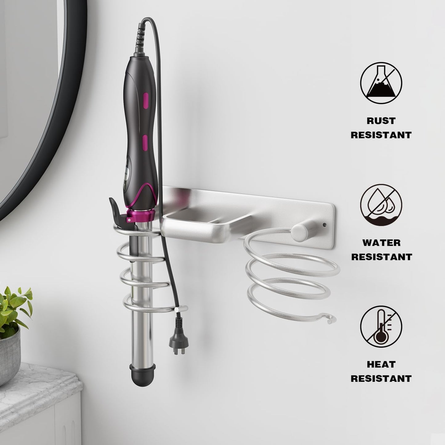 3-in-1 Wall-Mounted Hair Tool Organizer for Blow Dryer, Flat Iron, and Curling Iron - Silver Finish