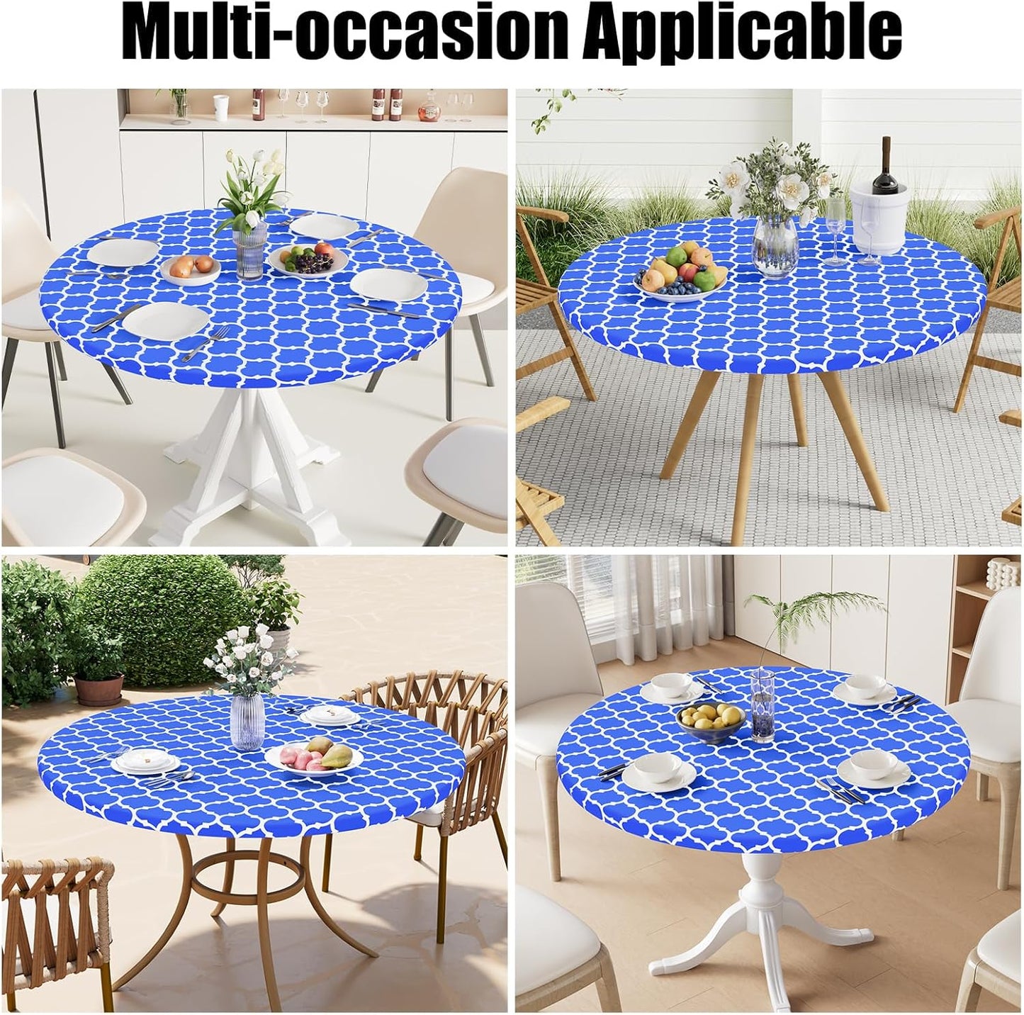 round Picnic Tablecloth, Waterproof Elastic Fitted Table Covers for 36" - 44" Tables, Wipeable Flannel Backed Vinyl Tablecloths for Camping, Indoor, Outdoor, Blue & White