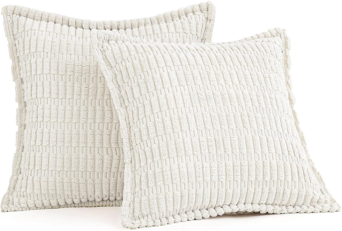 Pure White Corduroy Decorative Throw Pillow Covers Pack of 2 Soft Striped Pillows Pillowcases with Broad Edge Modern Winter Cute Boho Home Decor for Couch Sofa Bed 18X18 Inch