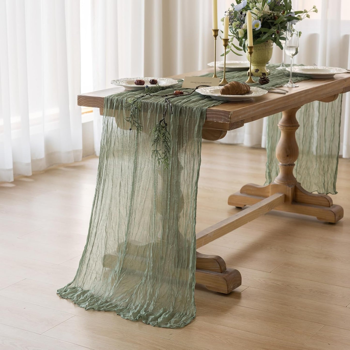 Sage Green Table Runner Sheer Table Runner French Country Décor Rustic Gauze Bali Yarn Cheesecloth 120 Inch 10 FT Cheese Cloth for Wedding Baby Bridal Shower Party Home Decorations