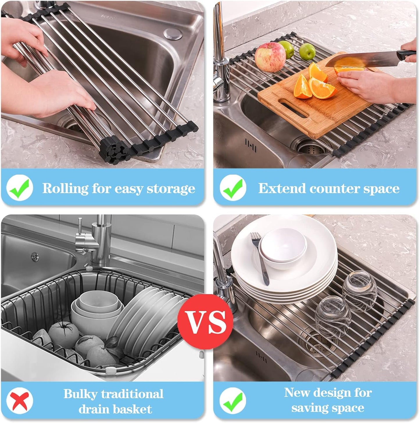 Roll up Dish Drying Rack over the Sink Drying Rack for Kitchen, Folding Dish Rack over Sink Mat, Stainless Steel Dish Drainer Rack Kitchen Organizer Accessories Black 17"X11.8"