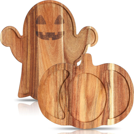 Set of 2 Halloween-Themed Acacia Wood Charcuterie Boards - Pumpkin and Ghost Shaped Cutting Boards with Handles for Serving Cheese, Vegetables, and Salads