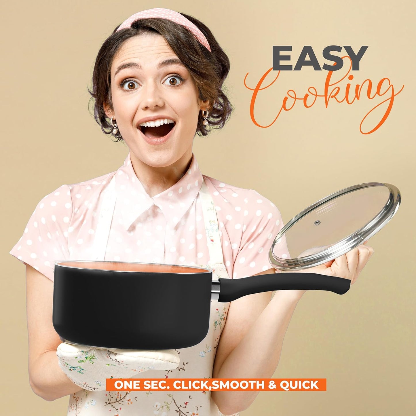 Detachable Handle Nonstick Saucepan with Glass Lid, Multipurpose Use for Home, Kitchen or Restaurant (Copper)