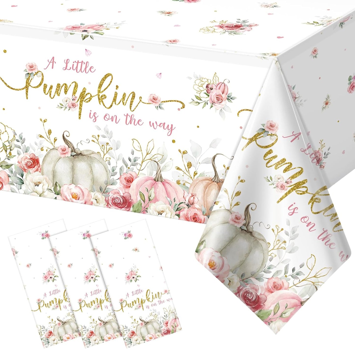 3Pcs 108X54Inch a Little Pumpkin Is on the Way Plastic Tablecloths, Floral Baby Girl Shower Tablecloth, Disposable Table Cover for Fall Baby Shower Gender Reveal Party Decorations