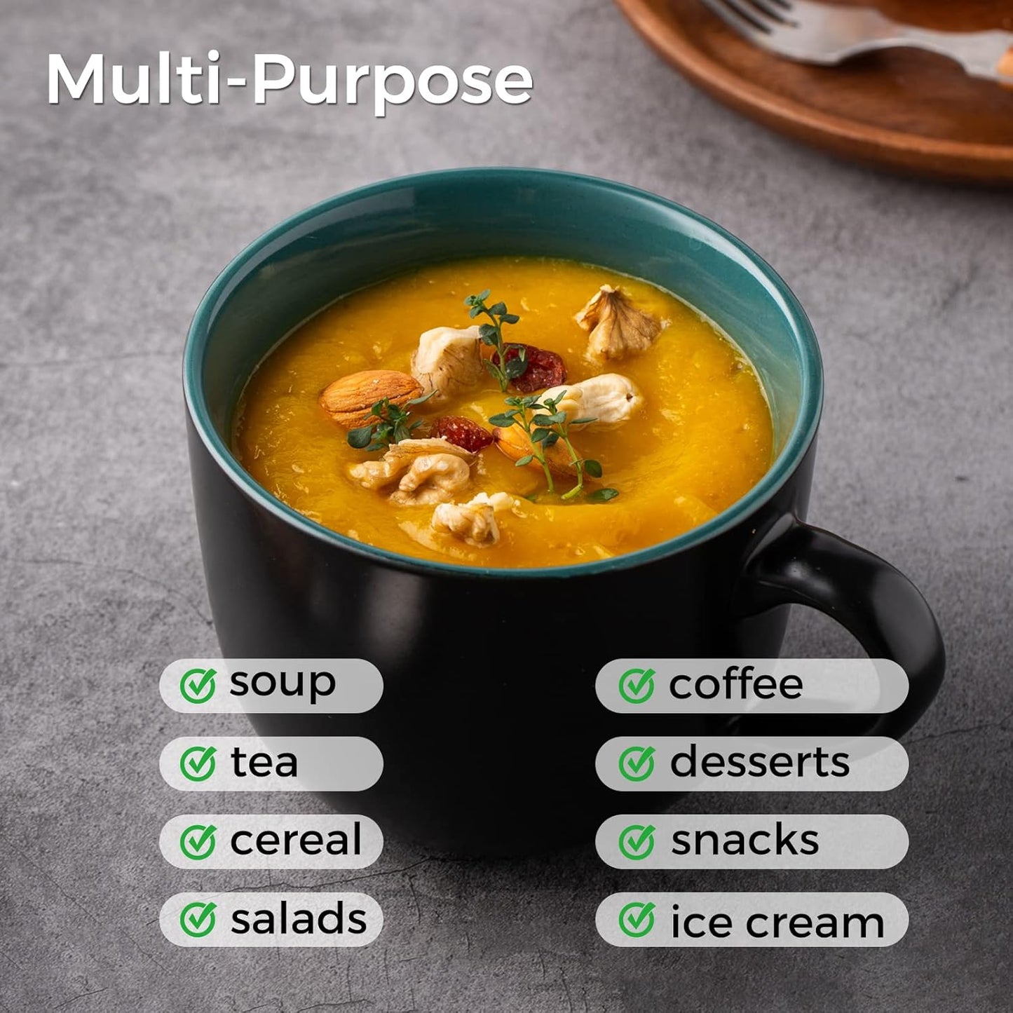 Set of 4 Jumbo Ceramic Soup Mugs with Handles, 24 Oz Capacity, Microwave and Dishwasher Safe - Green Interior