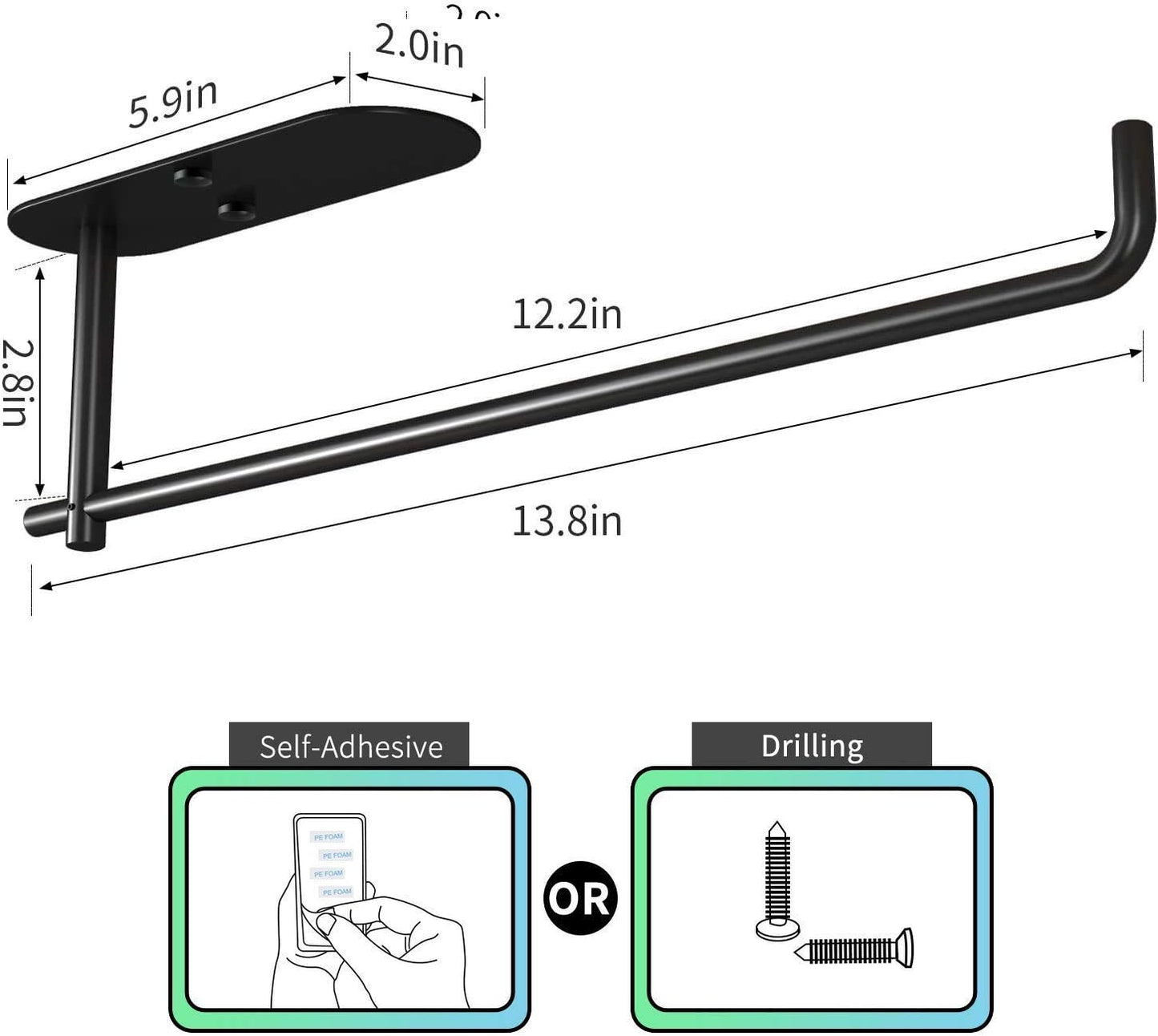 Self Adhesive Paper Towel Holder under Cabinet Mount, Wall Mounted Paper Towel Roll Holder for Kitchen, Bathroom, Wall - SUS304 Stainless Steel (Black)