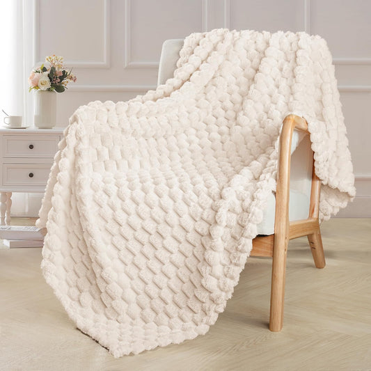Extra Large Ivory Jacquard Fleece Throw Blanket, 50x70 Inches - Stylish and Cozy Lightweight Design for All Seasons