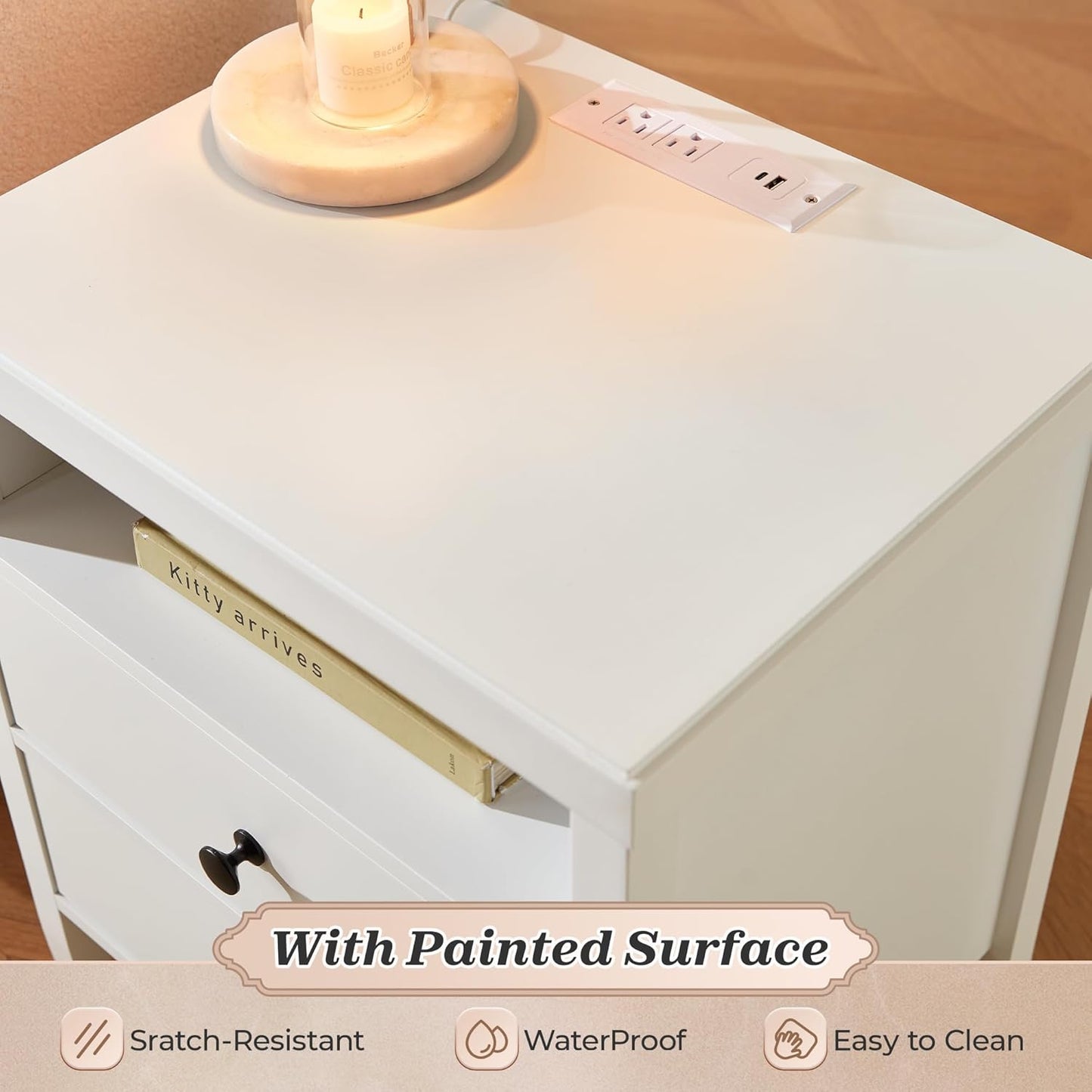 Set of 2 White Nightstands with Charging Station, Modern Bedside Tables featuring 2 Drawers and Metal Knobs, Ideal for Bedroom Use