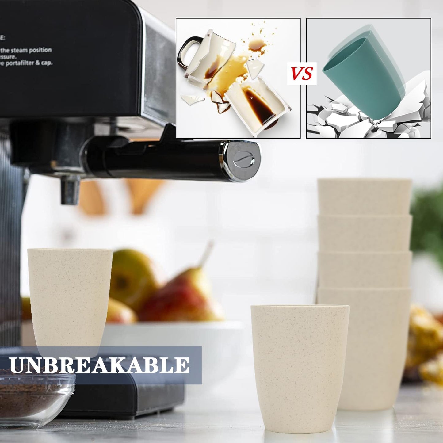 Unbreakable Wheat Straw Drinking Cups - Set of 8, Stackable, Reusable, Dishwasher Safe, 20 OZ, Beige Color