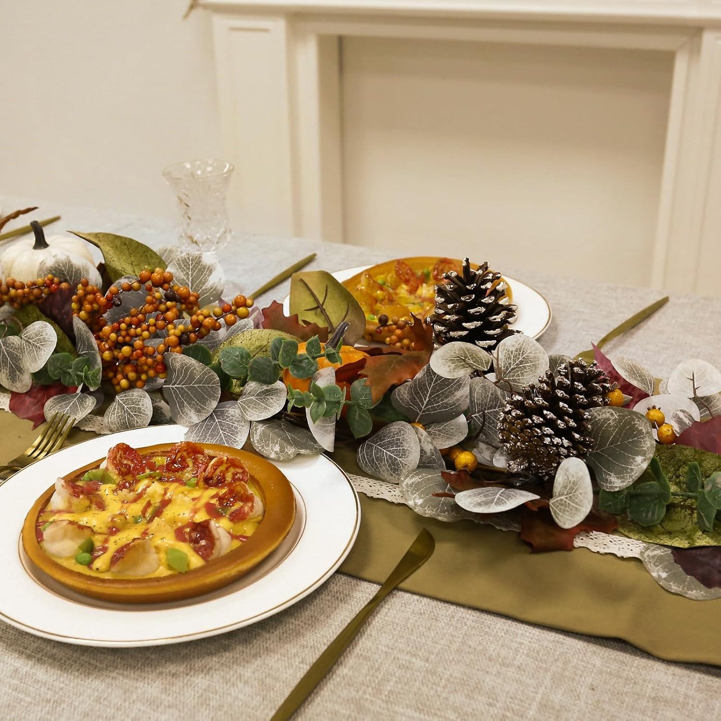 Fall Leaves Garland for Mantle, 6Ft Greenery Leaf Garland with Pumpkins and Fall Eucalyptus for Table,Mantle,Fireplace,Autumn and Thanksgiving Decor