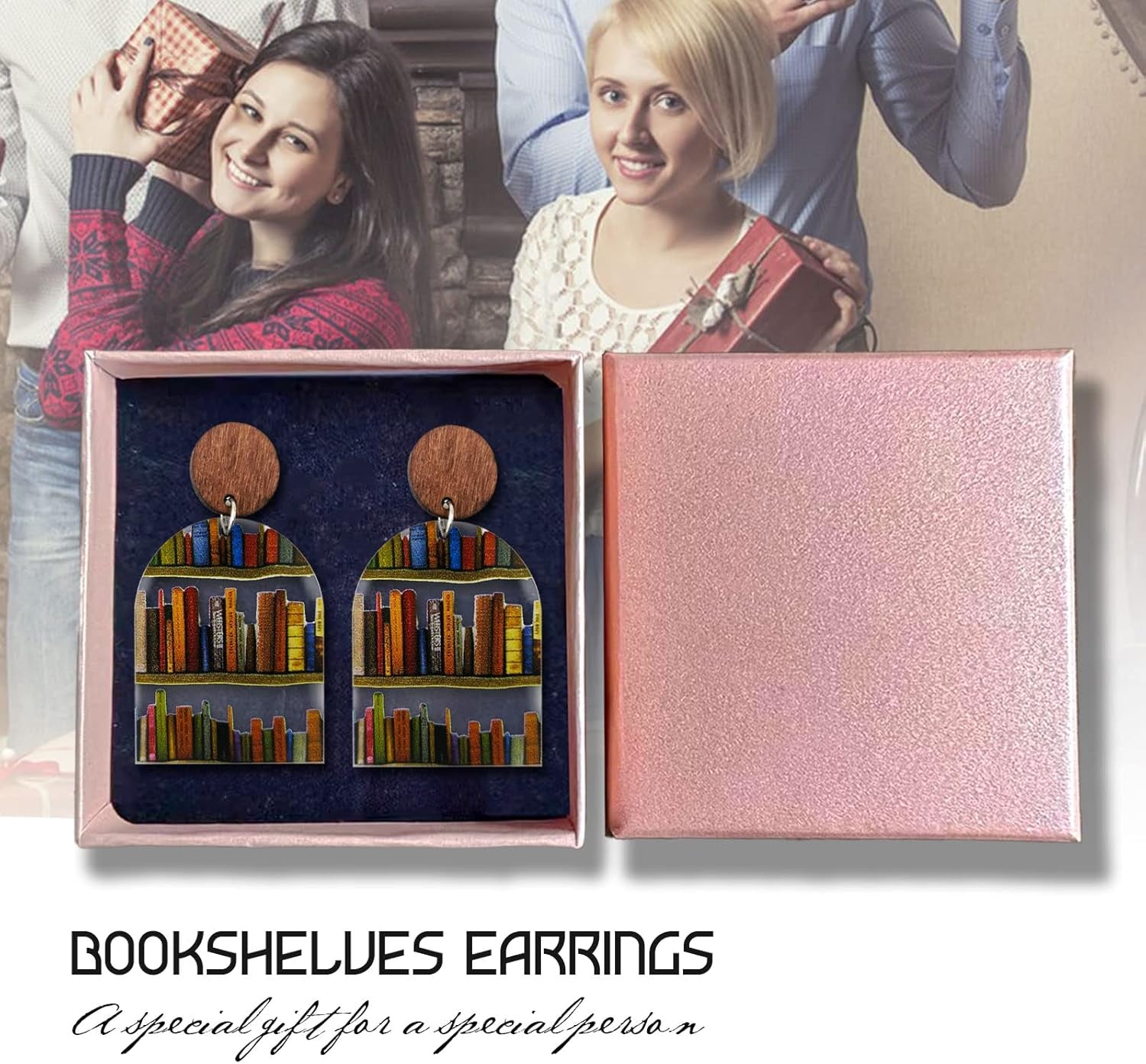 Christmas Gifts Book Earrings for Women Handmade Acrylic Bookcase Dangle Earrings with Book for Book Lovers Gift Library Earrings as Teacher Earrings for Teacher Appreciation Gifts