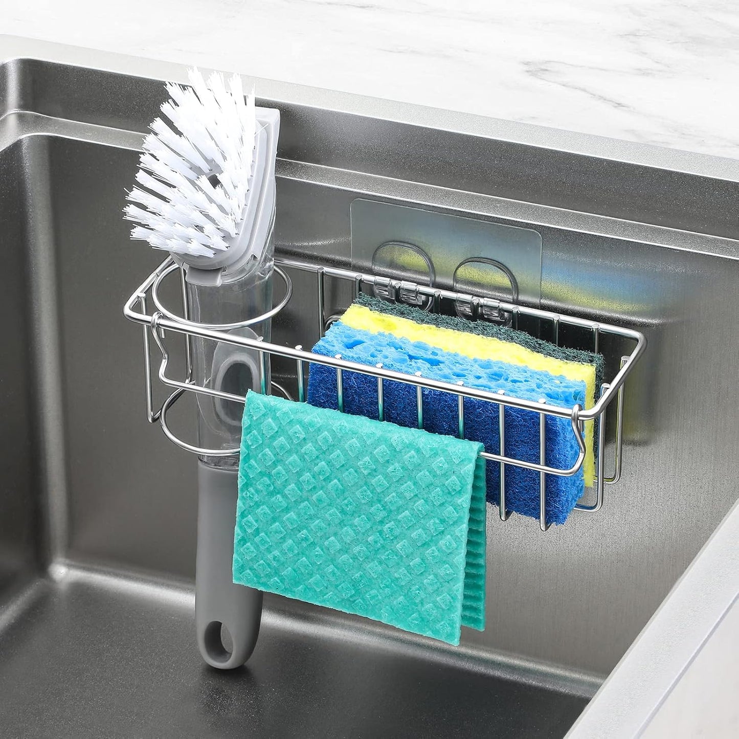 3-In-1 Sponge Holder for Kitchen Sink with Suction Cups & Adhesive Hook, In-Sink Sponge Holder, Wall Hanging Sink Caddy Organizer Rack - Sponge, Dish Cloth, Brush, Scrubber - 304 Stainless Steel