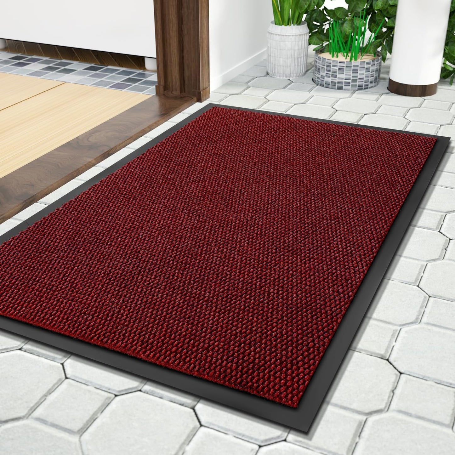 Doormat Outdoor Indoor Entrance 29.5 X 17, All-Season All-Weather Front Door Mat, 100% Waterproof Welcome Matt for Floor Garage outside Entry, Stain and Fade Resistant,Black Red