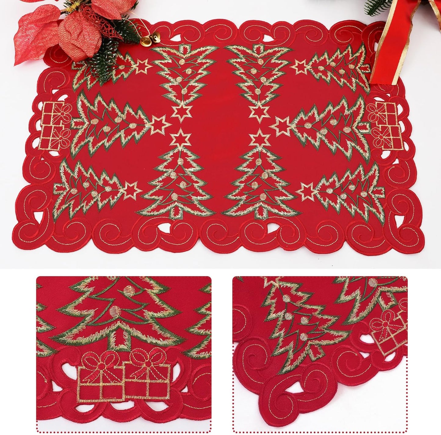 Red Christmas Placemats - 13 X 19 Inch Set of 4, Embroidered Cutwork with Green Christmas Tree and Gifts, Holiday Placemats for Xmas Party Kitchen Decor