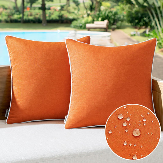 Set of 2 Outdoor Waterproof Decorative Throw Pillow Covers - Solid Color Linen for Patio, Tent, Bed, Balcony, Couch, and Living Room - 18x18 Inch Orange