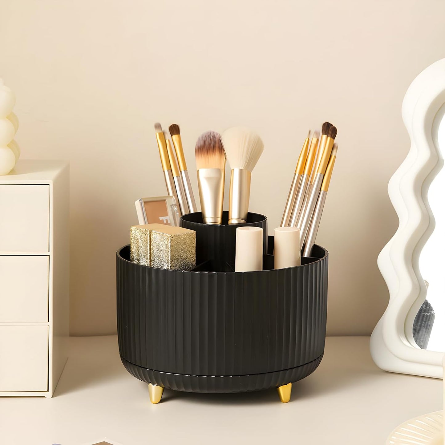 Makeup Brush Holder Organizer,360° Rotating Makeup Brush Organizer,5 Slot Make up Brushes Cup for Cosmetics, Nail Polish, Art Supply, Bathroom Vanity Desktop Organizer - Black