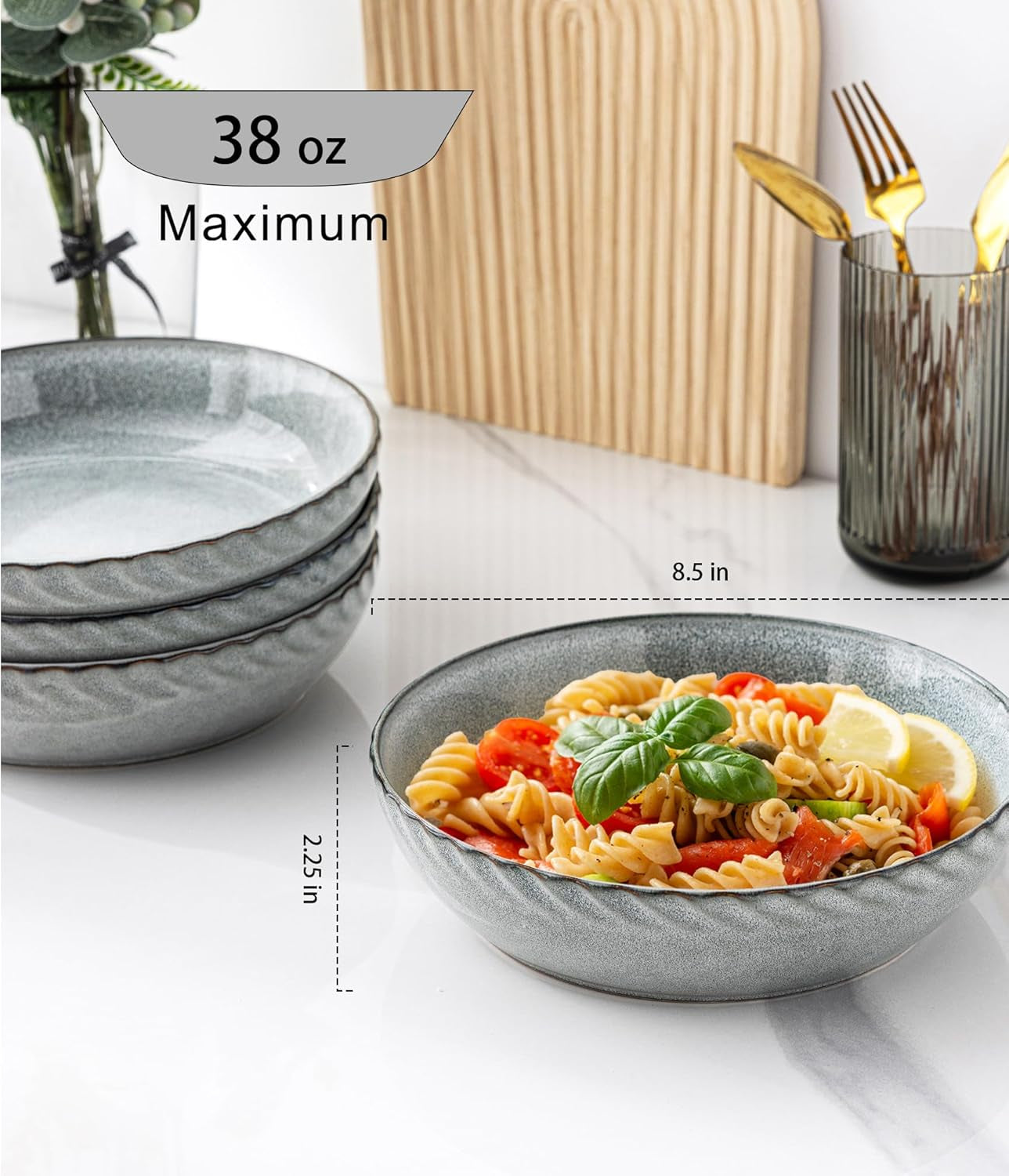 Large 8.5-Inch Stoneware Pasta Bowls, 38 Ounce Ceramic Salad Bowls with Textured Design for Serving Pasta, Fruits, Stews, and Noodles, Set of 4 - Ideal Housewarming Gift