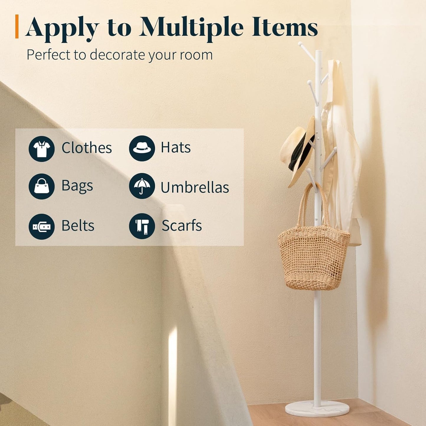 Coat Rack Freestanding with Natural Marble Base, Coat Tree with 8 Hooks Heavy Duty Coat Hanger Stand, Metal Coat Rack Stand for Jacket, Hat, Clothes & Bag, Hall Tree Hat Rack for Entryway