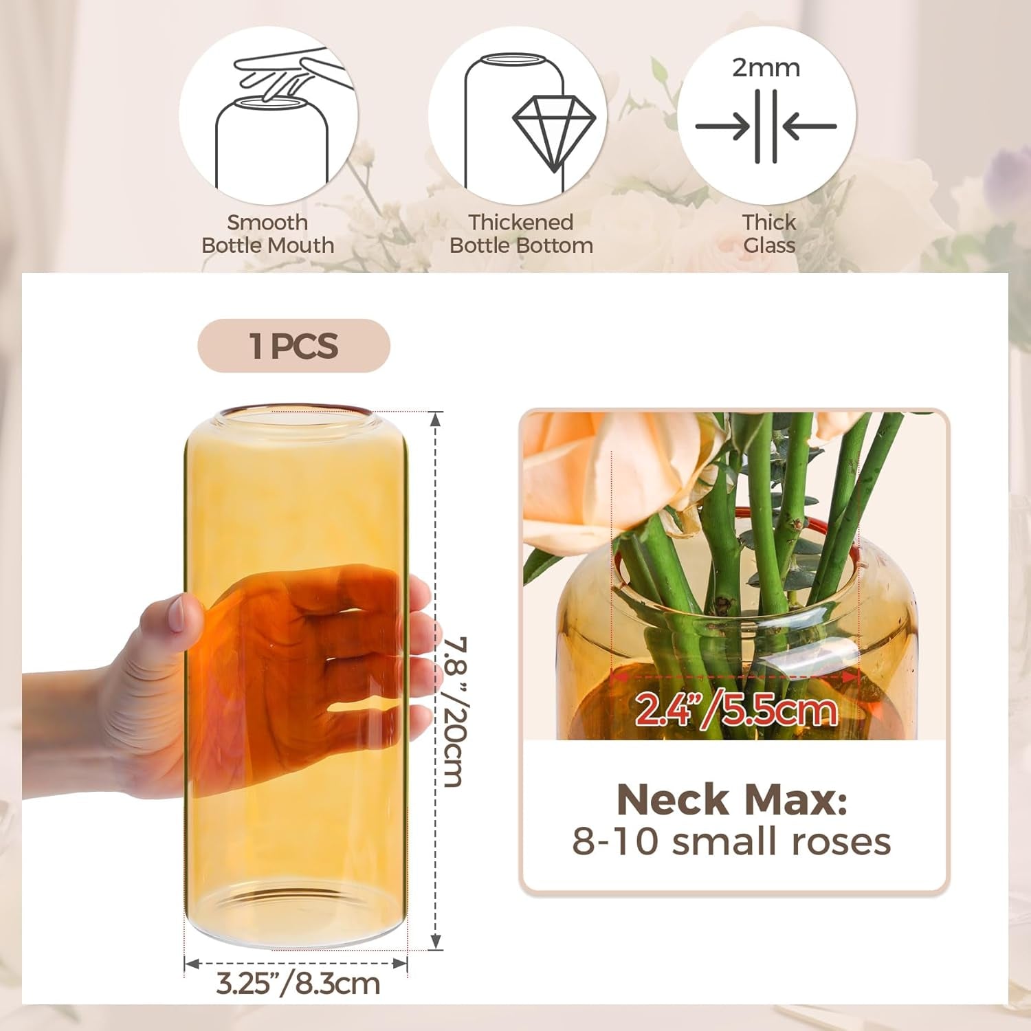 Glass Flower Vase, 8 Inch Tall Bud Vases, Home Decor Vases for Centerpiece for Living Room and Bedroom, Decorative Vases for Wedding, Valentines' Day, Mother'S Day (Amber)