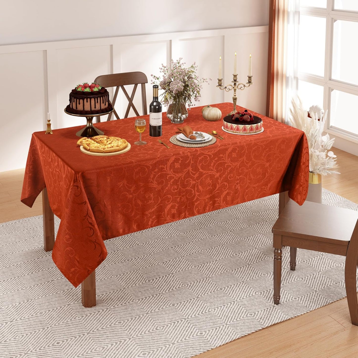 Rectangle Thanksgiving Tablecloth, Waterproof Jacquard Fall Table Cloth, Damask Cloth Table Cover for Harvest Decor (60" X 84", Rust Vine Pattern)