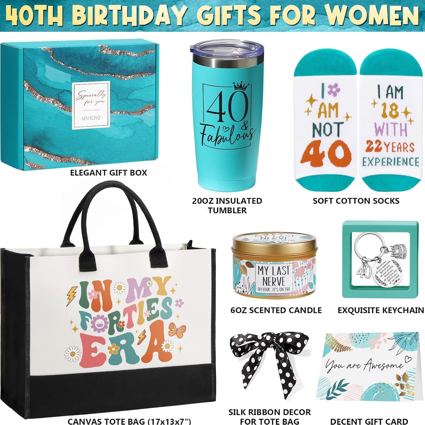 40Th Birthday Gifts for Women Her, Funny Turning 40 Year Old Gifts, Best 40 Fabulous 1985 Birthday Gifts Basket Unique Happy 40Th Birthday Gifts Ideas for Her Mom Sister Friend Wife Daughter Coworker
