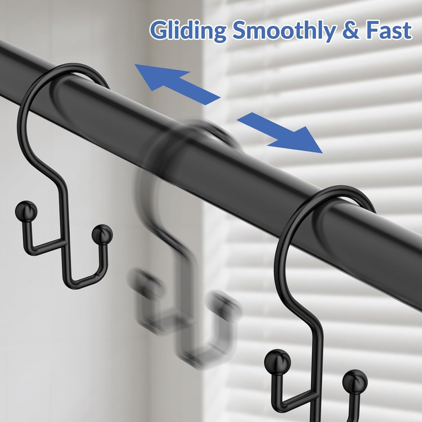 Shower Curtain Hooks, Black Shower Curtain Hooks Rust Proof, Anti-Drop Metal Shower Curtain Rings Hooks, Double Shower Hooks for Shower Curtain, Shower Rings for Curtain & Liner, Black-12 Pcs