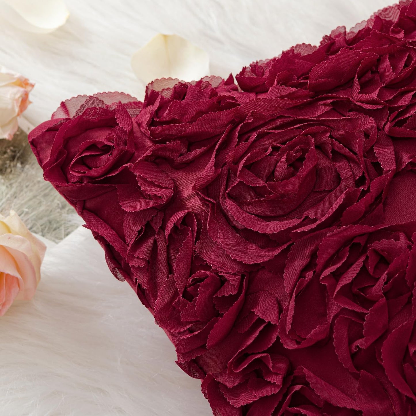 3D Decorative Christmas Romantic Valentines Stereo Chiffon Rose Flower Throw Pillow Cover Solid Festival Pillowcase for Girl Women Wedding Sofa Bedroom Car Decor 12X20 Inch Wine Red