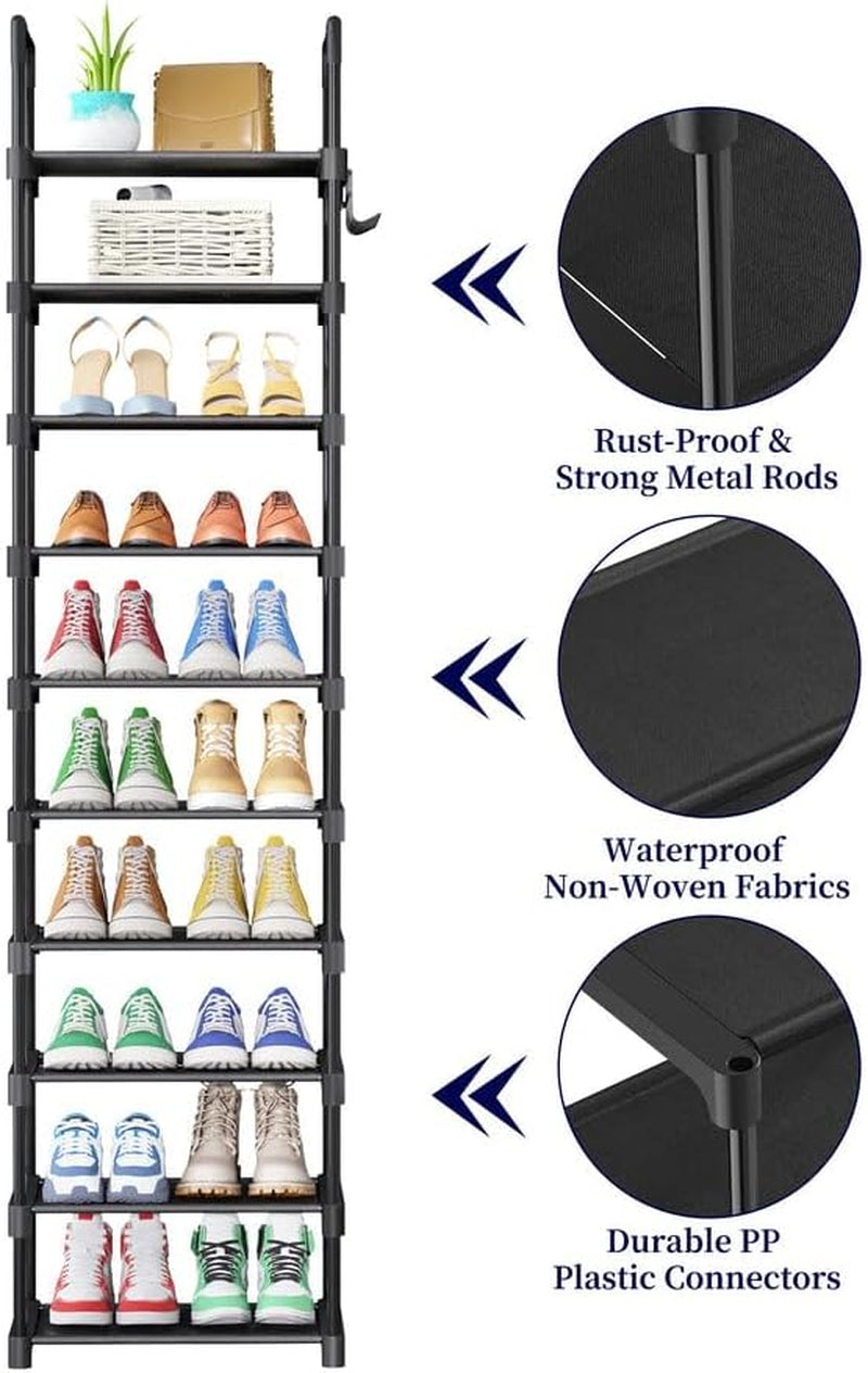 Shoe Rack - 10-Tier Shoe Organizer with Detachable Fabric Shelves & Metal Frame, Tall Shoe Rack for Closet, Entrance, Living Room, 16.9" X 11.8" X 68.5", Black
