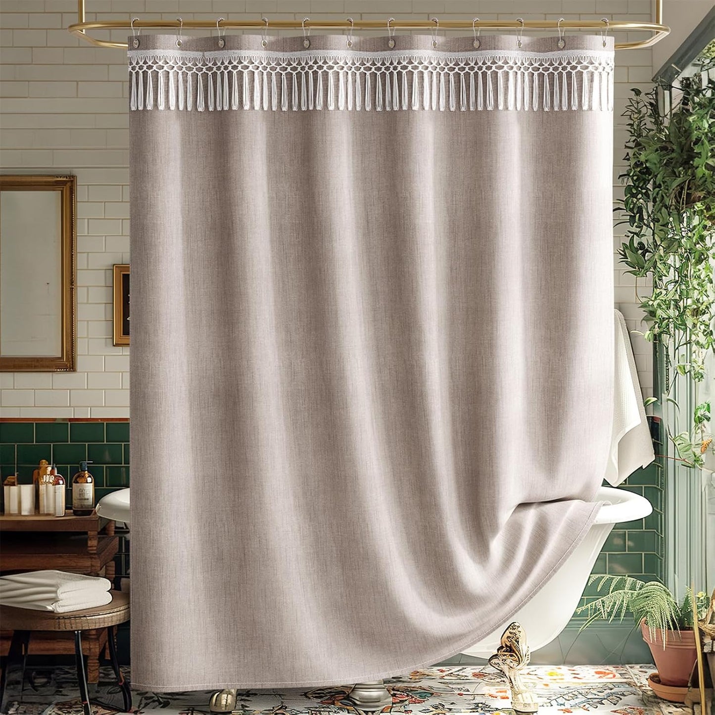 Boho Shower Curtain with Tassels Taupe, Tan Farmhouse Shower Curtain with Hooks, Faux Linen Fabric, Water-Repellent Neutral Fabric, 72X72 Inches