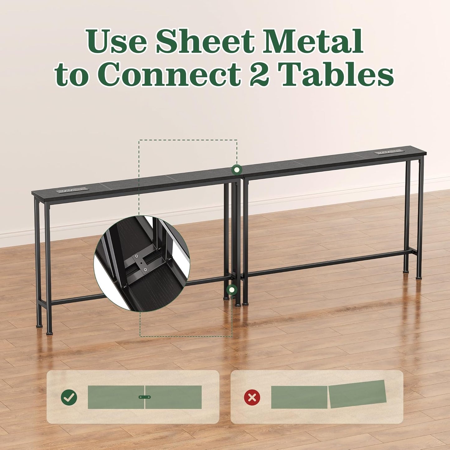 5.9-Inch Console Table with Integrated Outlet, Metal Frame Sofa Table for Living Room, Dimensions: 5.9 x 39.4 x 29.1 Inches, Black