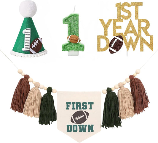 First Year down Birthday Party Decorations Football Theme Set, 1St Birthday Football Candle, High Chair Banner, Cake Topper, Hat for Baby'S First Birthday, First down Football Party Supplies
