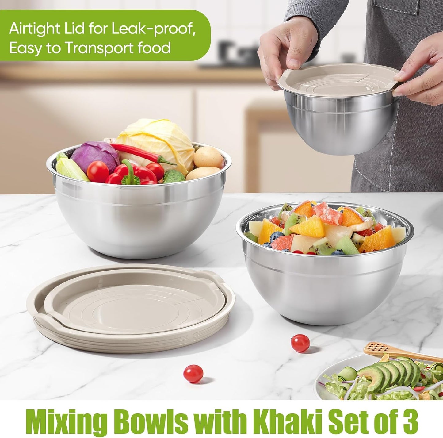 Khaki Mixing Bowls with Lids, Set of 3, Stainless Steel Salad Nesting Bowl for Mixing, Storing, Prepping, Airtight & Stackable, Size 4.6/3 /1.5 QT