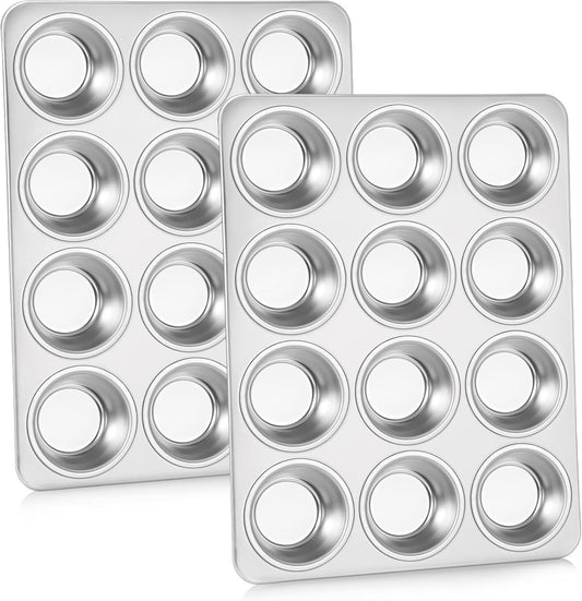 Muffin Pan Cupcake Baking Pan Set, Stainless Steel Muffin Tin Tray for Mini Cake Tart Quiche, Oven & Dishwasher Safe, Non-Toxic & Heavy-Duty, (12 Cup, 2Pcs)