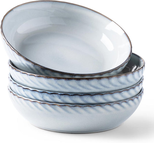 Set of 4 Large 8.5'' Stoneware Pasta and Salad Bowls, 38 Ounce Capacity, Textured Ceramic Serving Bowls for Pasta, Fruit, Stews, and Noodles - Ideal Housewarming Gift
