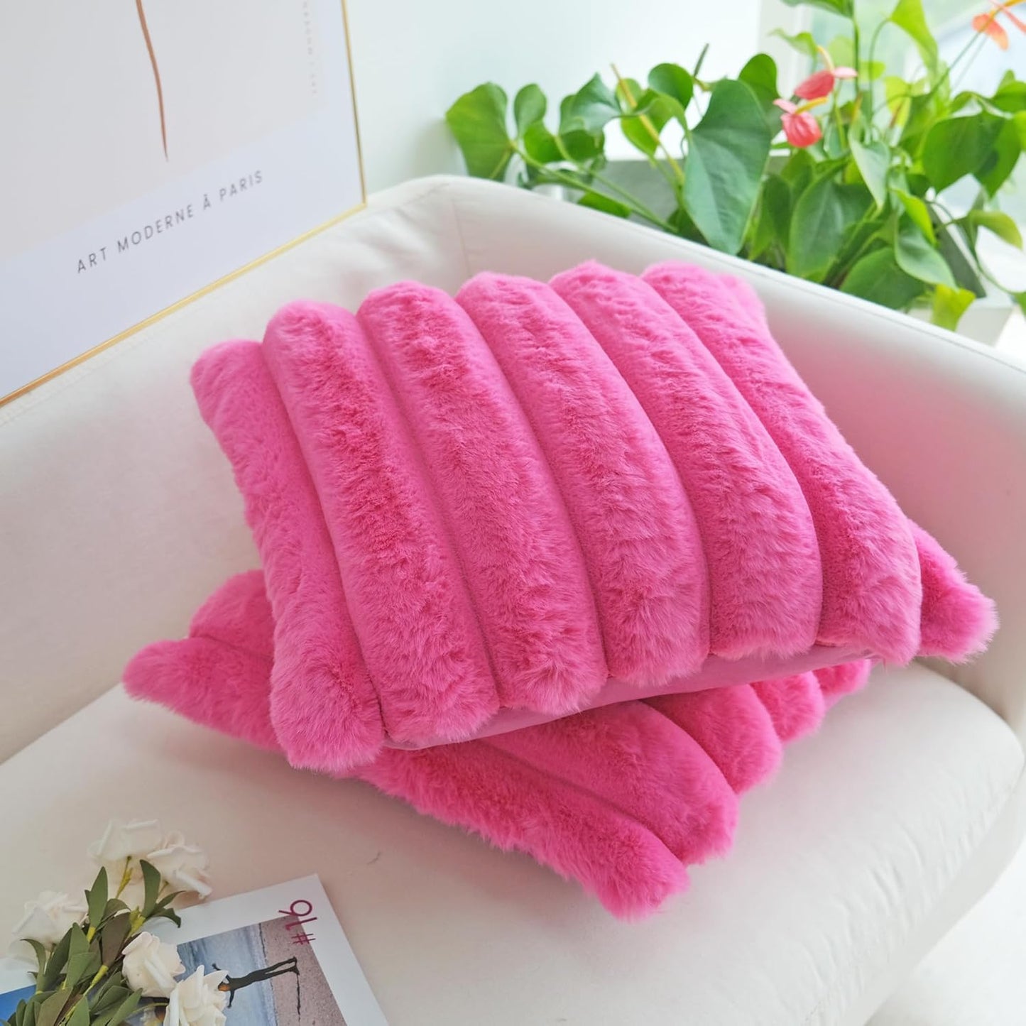 Pack of 2 Faux Fur Plush Decorative Throw Pillow Covers Couch Cushion Case Soft Fluffy Pillowcases Wide Stripe (Hot Pink, 16 X 16 Inch)